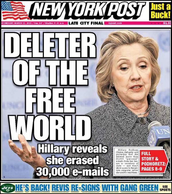 Hillary Clinton en une du "New York Post", le 11 mars 2015. (NEW YORK POST)