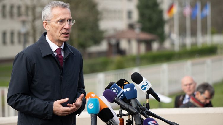 Le secrétaire général de l'Otan, Jens Stoltenberg, à Ramstein en Allemagne, le 21 avril 2023. (SEBASTIAN GOLLNOW / DPA / AFP)