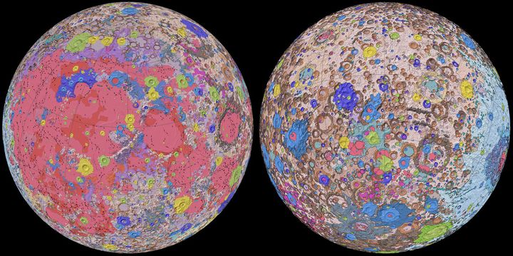 "Carte géologique unifiée de la Lune" ("Unified Geologic Map of the Moon") réalisée par l'Institut d’études géologiques des Etats-Unis (USGS) avec la Nasa et le Lunar and Planetary Institute (LPI). (NASA / GSFC / USGS)