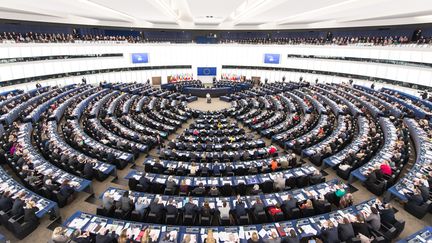 L'hemicycle du Parlement européen à Strasbourg (Bas-Rhin). (PATRICK SEEGER / AFP)