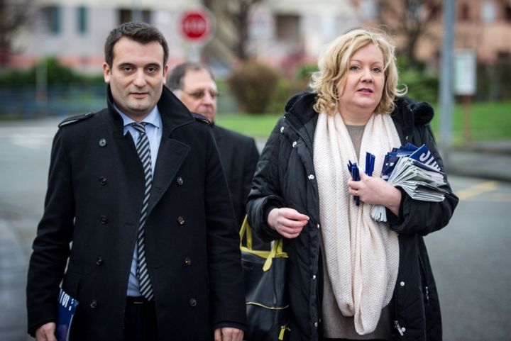 Florian Philippot et Sophie Montel, le 1er décembre à Delle (Territoire de Belfort). (SEBASTIEN BOZON / AFP)