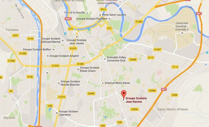 Carte pointant le groupe scolaire Jean Racine dans le quartier de Teisseire (sud de Grenoble), à proximité duquel a&nbsp;eu lieu&nbsp;une fusillade, le 25 avril 2016. (GOOGLE MAPS)