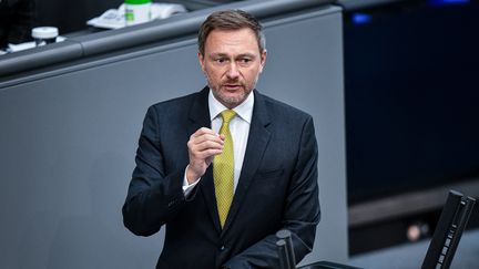 Le ministre des finances allemand,&nbsp;Christian&nbsp;Lindner, le 25 mars 2022 au Bundestag, à Berlin (Allemagne). (FABIAN SOMMER / DPA / AFP)