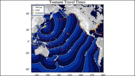 Graphique du National Oceanic and Atmospheric Administration (NOAA) sur les temps de propagation du tsunami du 11-03-11 (AFP/NOAA/HO)