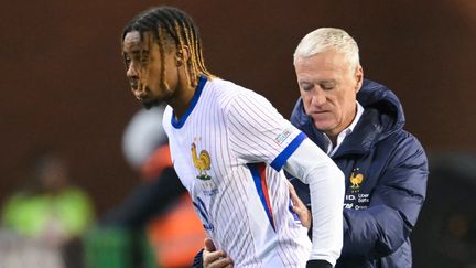 Didier Deschamps et Bradley Barcola lors de Belgique-France au stade du Roi Baudouin de Bruxelles, le 14 octobre 2024, en Ligue des nations. (NICOLAS TUCAT / AFP)