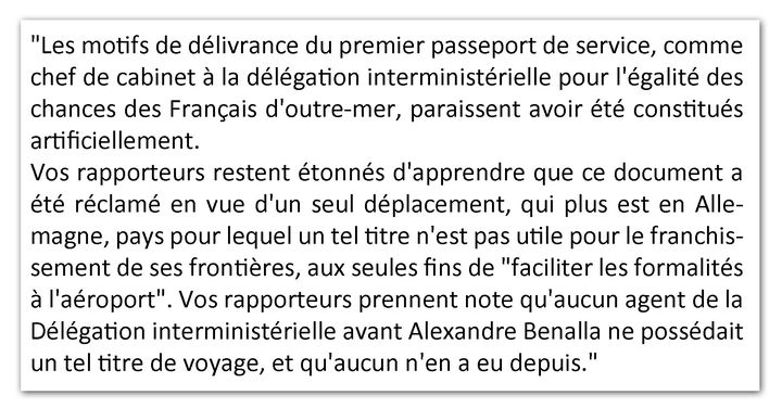 "Les motifs de délivrance du premier passeport de service […] paraissent avoir été constitués artificiellement". Extrait du rapport d'information de la commission des Lois du Sénat. (DR)