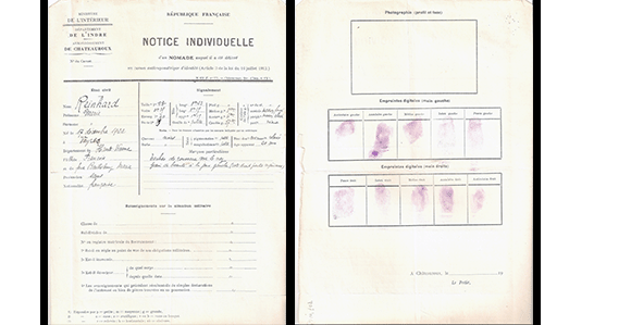 Refus de la « Nomade » Marie Reinhardt de se faire photographier pour un carnet
anthropométrique, déclarant « qu’elle déchirerait le carnet anthropométrique
qu’on lui remettrait », 10 juin 1942.
Notice individuelle de Nomade.
Indre, 1941–1942.
 (Coll. Archives départementales de l’Indre, 807 W 49.)