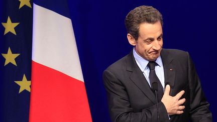 Le pr&eacute;sident candidat Nicolas Sarkozy &agrave; La Mutualit&eacute; &agrave; Paris, le 22 avril 2012. (YVES HERMAN / REUTERS)