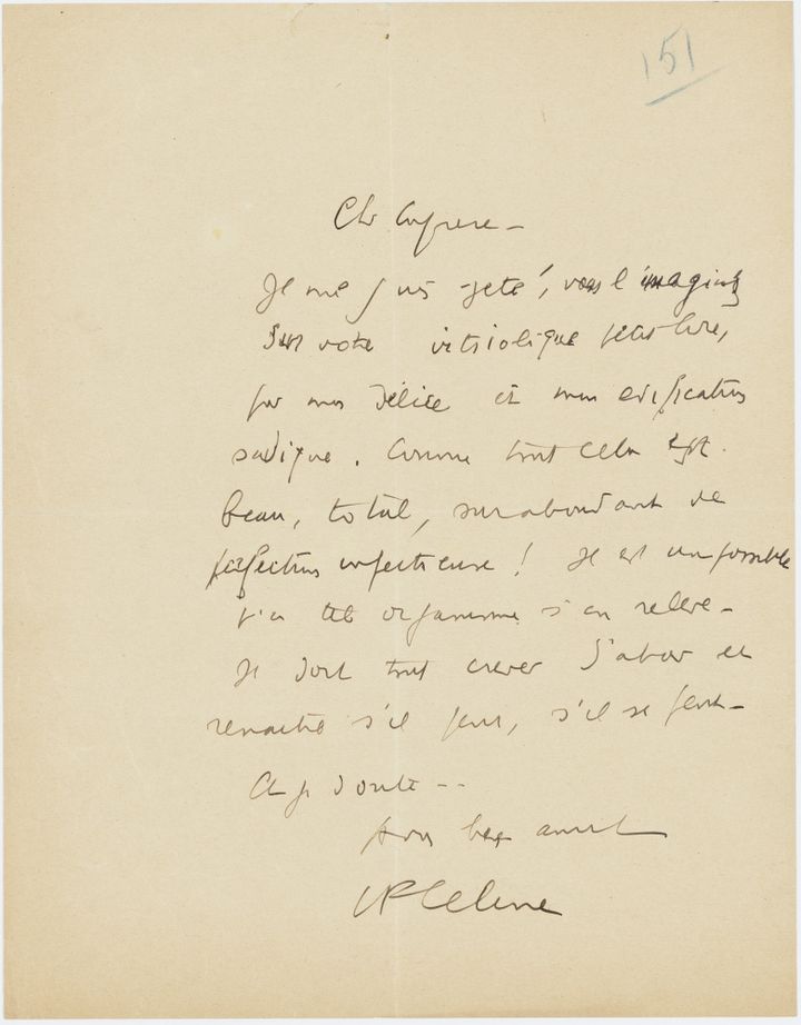 Lettre de félicitations de Louis-Ferdinand Céline à Lucien Rebatet à l'occasion de la publication de son livre "Les Décombres", sans date
 (Archives nationales / Alain Berry)