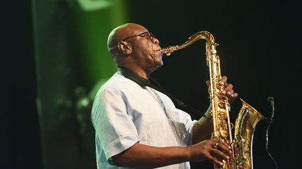 Le chanteur Manu Dibango en concert en juin 2018 à Abidjan (Côte d'Ivoire). (SIA KAMBOU / AFP)