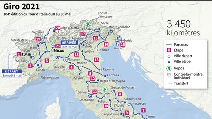 Le parcours du Tour d'Italie 2021. (Laurence SAUBADU, Jean-Michel CORNU, Cléa PÉCULIER / AFP)