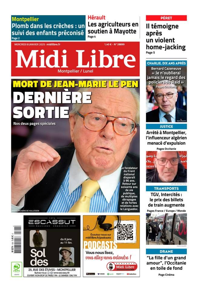 "Dernière sortie", peut-on lire à la une de Midi-Libre au lendemain de la mort de Jean-Marie Le Pen, mercredi 8 janvier 2025. (MIDI-LIBRE)