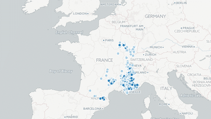 Carte de pr&eacute;sence des loups dans les communes fran&ccedil;aises en 2014. (NICOLAS ENAULT / FRANCETVINFO)