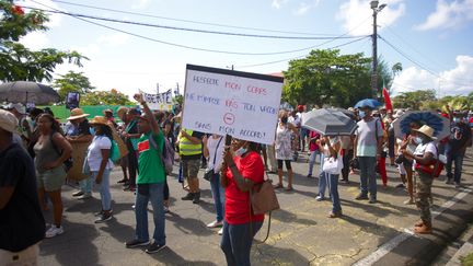 Une manifestation contre l'obligation vaccinale a lieu à&nbsp;Capesterre-Belle-Eau (Guadeloupe), le 7 août 2021. (CEDRICK ISHAM CALVADOS / AFP)