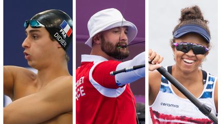 Ugo Didier (para natation), Guillaume Toucoullet (para tir à l'arc) et Nélia Barbosa (para canöe) prennent la parole sur franceinfo: sport pour le deuxième épisode du carnet de bord des Jeux paralympiques de Paris 2024. (G. Picout / AFP)