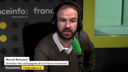 Manuel Bompard, directeur des campagnes de La France insoumise, invité lundi de L'Interview J-1, sur franceinfo. (FRANCEINFO)