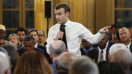 Emmanuel Macron à&nbsp;Paris, le 1er février 2019. (MICHEL EULER / POOL / AFP)