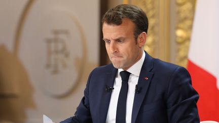 Emmanuel Macron le 25 avril 2019 lors de sa conférence de presse à l'Elysée (Paris). (LUDOVIC MARIN / AFP)