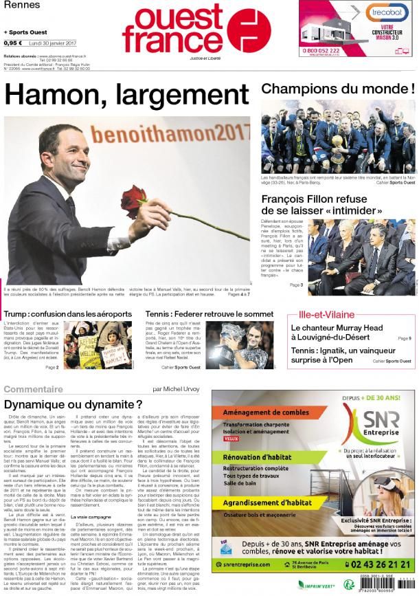 La une de "Ouest-France", le 30 janvier 2017. (OUEST-FRANCE)