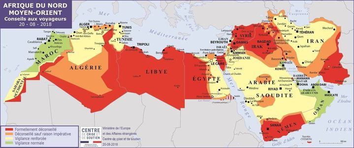 Carte des zones à éviter pour les voyageurs français,&nbsp;disponible sur le site du&nbsp;ministère des Affaires étrangères le 12 mai 2019. (MINISTERE DES AFFAIRES ETRANGERES)