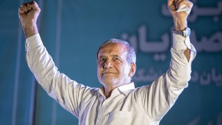 Reform candidate Massoud Pezeshkian greets his supporters during a campaign rally on July 3, 2024, in Tehran, Iran. (SOBHAN FARAJVAN / PACIFIC P / SIPA)