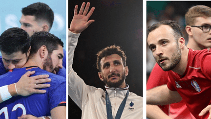 Nikola Karabatic consolé par ses coéquipiers, le boxeur Sofiane Oumiha et la paire composée de Simon Gauzy et d'Alexis Lebrun, le mercredi 7 août 2024 aux Jeux olympiques de Paris 2024. (François LO PRESTI, Yeon-je JUNG, Mauro PIMENTEL / AFP)