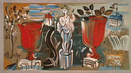 200 œuvres de Raoul Dufy (1877-1953) sont réunies au Palais Lumière : des peintures, des gouaches, des aquarelles, des dessins, des gravures, des pochoirs, des céramiques, des tapisseries, des tissus imprimés, ainsi que des documents relatifs à son activité de décorateur. Un artiste dans lequel le critique d'art Pierre Courthion voyait le "roi de la fantaisie" et le "magicien de la couleur" et qui avait aboli les hiérarchies entre les arts dits "majeurs" et "mineurs". Du 11 février au 25 juin 2017. Ici, Raoul Dufy, "La statue aux deux vases rouges", vers 1942, tapisserie en laine, collection MBA Jules Chéret, Nice. Photo Laurent Thareau
 (ADAGP, Paris 2017)