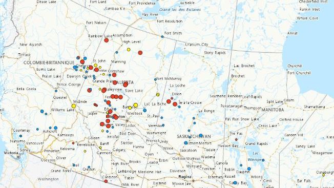 Le Système canadien d’information sur les feux de végétation fait état d'incendies en Alberta, province du Canada, le 10 mai 2023. (CAPTURE D'ECRAN / SYSTEME CANADIEN D'INFORMATION SUR LES FEUX DE VEGETATION)