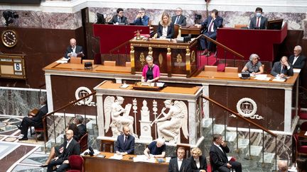 La Première ministre Elisabeth Borne, lors de son discours de politique générale à l'Assemblée nationale, le 6 juillet 2022 à Paris.&nbsp; (PHILIP ROCK / ANADOLU AGENCY / AFP)