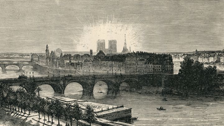 La gravure "Lever de soleil sur Paris" de l'illustrateur Léopold Flameng, publiée en 1879 dans un recueil d'œuvres de Victor Hugo. (PIERRE PITROU / PHOTO 12 / AFP)