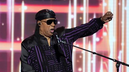 Le chanteur et musicien américain Stevie Wonder interprète "Higher Ground" à la convention démocrate, à Chicago (Illinois, États-Unis), le 21 août 2024. (J. SCOTT APPLEWHITE / AP / SIPA)