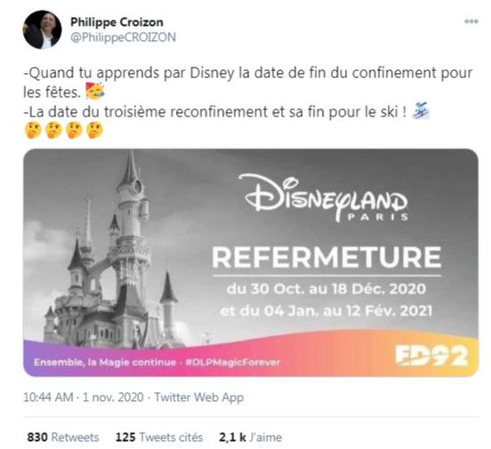 De nombreux internautes laissent entendre que Disneyland Paris a annoncé les véritables dates de ce second confinement (Capture d'écran Twitter @Philippecroizon)