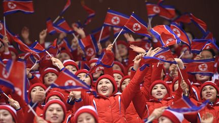 Les pom-pom girls nord-coréennes brandissent des drapeaux de la Corée du Nord lors des Jeux olympiques d'hiver de 2018 à Pyeongchang&nbsp;(Corée du Sud), le 14 février 2018. (ROBERTO SCHMIDT / AFP)