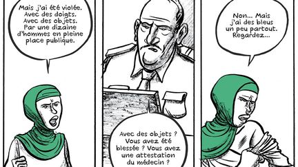 On lui fait comprendre qu'elle n'avait rien à faire dans les manifestations de la place Tahrir.  (Ferenc &amp; Bast - La Boîte à Bulles)