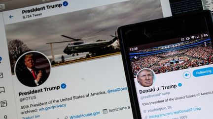 Les images des comptes Twitter @POTUS et celui de Donald Trump, en mai 2020. (RICCARDO MILANI / HANS LUCAS / AFP)