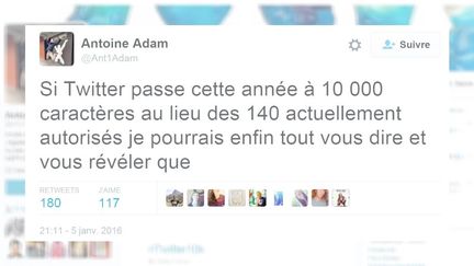 Antoine Adam, un internaute, critique le possible changement de format de Twitter, passant de 140 à 10 000 caractères, annoncé le 5 janvier 2016. (FRANCETV INFO)