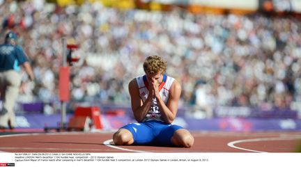 Dix-septi&egrave;me apr&egrave;s la premi&egrave;re journ&eacute;e du d&eacute;cathlon, Kevin Mayer a perdu d&egrave;s le 110 m haies, premi&egrave;re &eacute;preuve de la journ&eacute;e, toute chance d'&ecirc;tre finaliste, le 9 ao&ucirc;t 2012 lors des JO de Londres.&nbsp; (LI GA/CHINE NOUVELLE/SIPA)