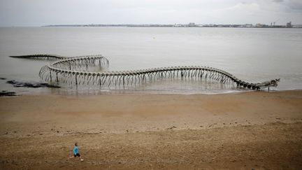 Un jeune gar&ccedil;on court devant le "serpent d'oc&eacute;an", une sculpture de l'artiste chinois Huang Yong Ping install&eacute;es sur la plage de&nbsp;Saint-Br&eacute;vin-les-Pins (Loire-Atlantique), le 24 avril 2014. ( STEPHANE MAHE / REUTERS)