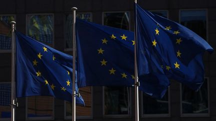 Des drapeaux&nbsp;européens&nbsp;flottent devant le siege de la Commission européenne à Bruxelles, le 18 octobre 2022. (VALERIA MONGELLI / HANS LUCAS / AFP)