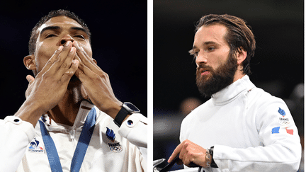 Yannick Borel et Romain Cannone lors du tournoi olympique d'épée, au Grand Palais, le 28 juillet 2024. (AFP / SIPA)