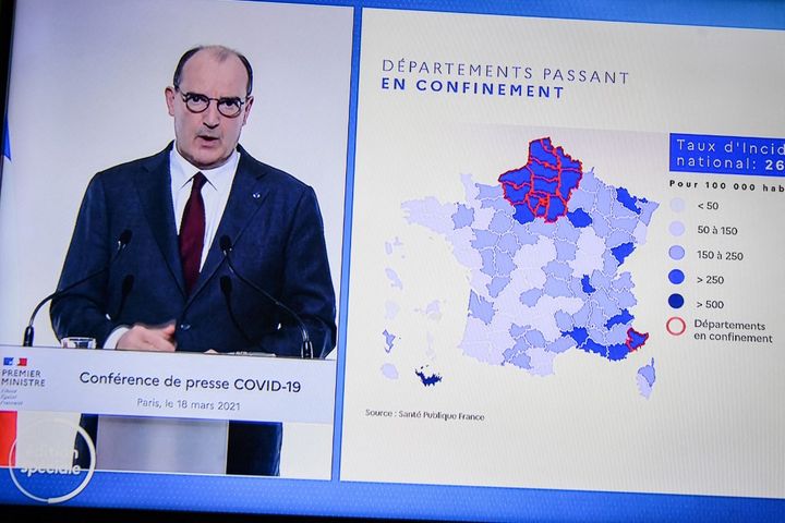 Jeudi 18 mars 2021. Le Premier ministre, Jean Castex, lors de la conférence de presse annonçant le nouveau confinement dans 16 départements, incluant Paris, et la région Ile de France.&nbsp; (JACOPO LANDI / HANS LUCAS / AFP)