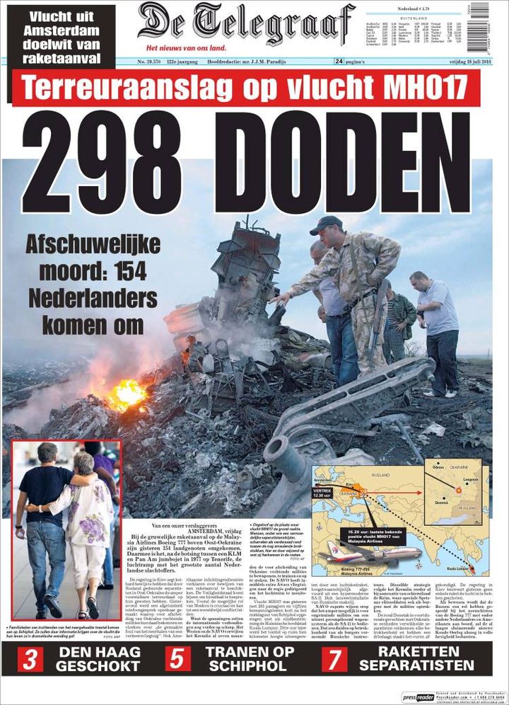 "298 morts" : le "Telegraaf" affiche &agrave; sa une, le 18 juillet 2014, le nombre de victimes du crash du vol MH17 de la Malaysia Airlines. (DE TELEGRAAF)