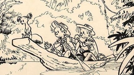 Recueil Spirou n°49, La Pirogue. Encre de Chine, crayon bleu et mine de plomb sur papier pour la couverture du Recueil Spirou n°49 publié le 1er avril 1954 aux éditions Dupuis. Dessin sur papier contrecollé sur carton. (ARTCURIAL)