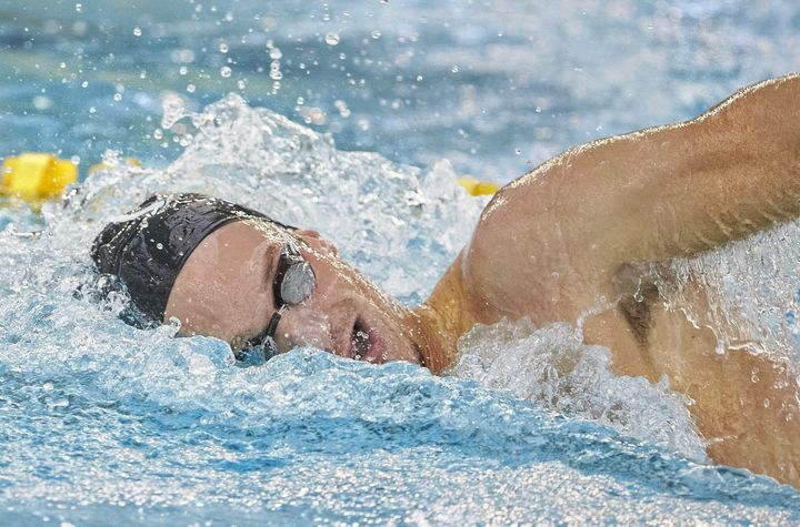 Yannick Agnel lors d'un meeting international de natation, le 23 mai 2015, à Nancy. (PATRICE SAUCOURT / MAXPPP)