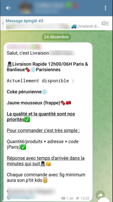 Screenshot of messages posted by dealers on encrypted messaging services.  (DAVID DI GIACOMO / FRANCEINFO)