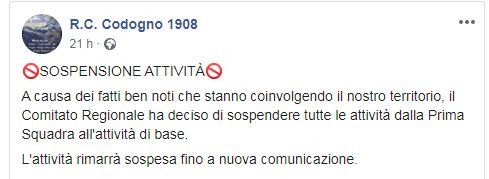 Capture d'écran d'un post Facebook du club de football de&nbsp;Codogno (Italie), annonçant l'annulation des matchs de football, le&nbsp;23 février 2020.
 (FACEBOOK)