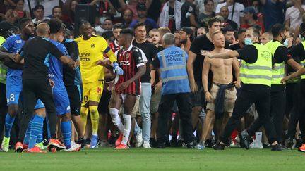 Les&nbsp;supporters niçois ont envahi la pelouse de l'Allianz Riviera pendant la rencontre Nice-Marseille, dimanche 22 août. (VALERY HACHE / AFP)