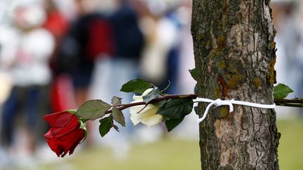 Des fleurs blanches et rouges sont utilisées en référence au précédent drapeau de la Biélorussie, utilisé lors de l'indépendance, désormais interdit par le régime et devenu un symbole de la lutte pour plus de démocratie. (VASILY FEDOSENKO / REUTERS)