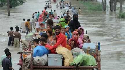 Des réfugiés pakistanais fuient les inondations, le 11 août 2010 (AFP/Arif Ali)