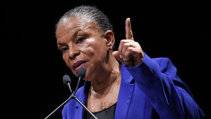 L'ancienne candidate à l'élection présidentielle Christiane Taubira lors d'un meeting à Rennes (Ille-et-Vilaine), le 27 février 2022. (SEBASTIEN SALOM-GOMIS / AFP)